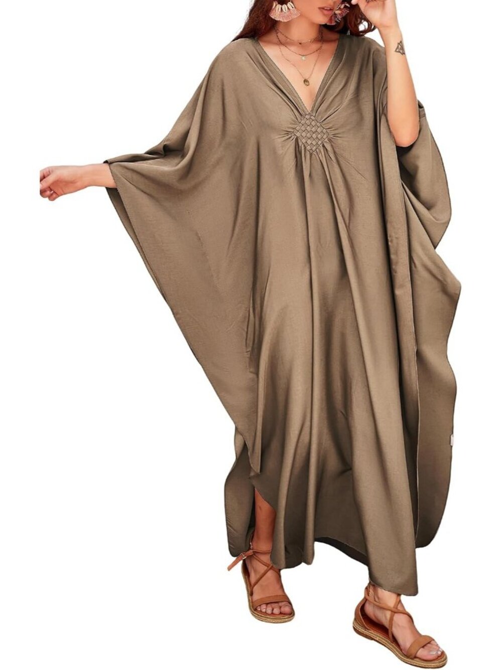 Women's Plus Size Coffee Kaftan Maxi Dress V Neck Batwing Swimsuit Cover Up